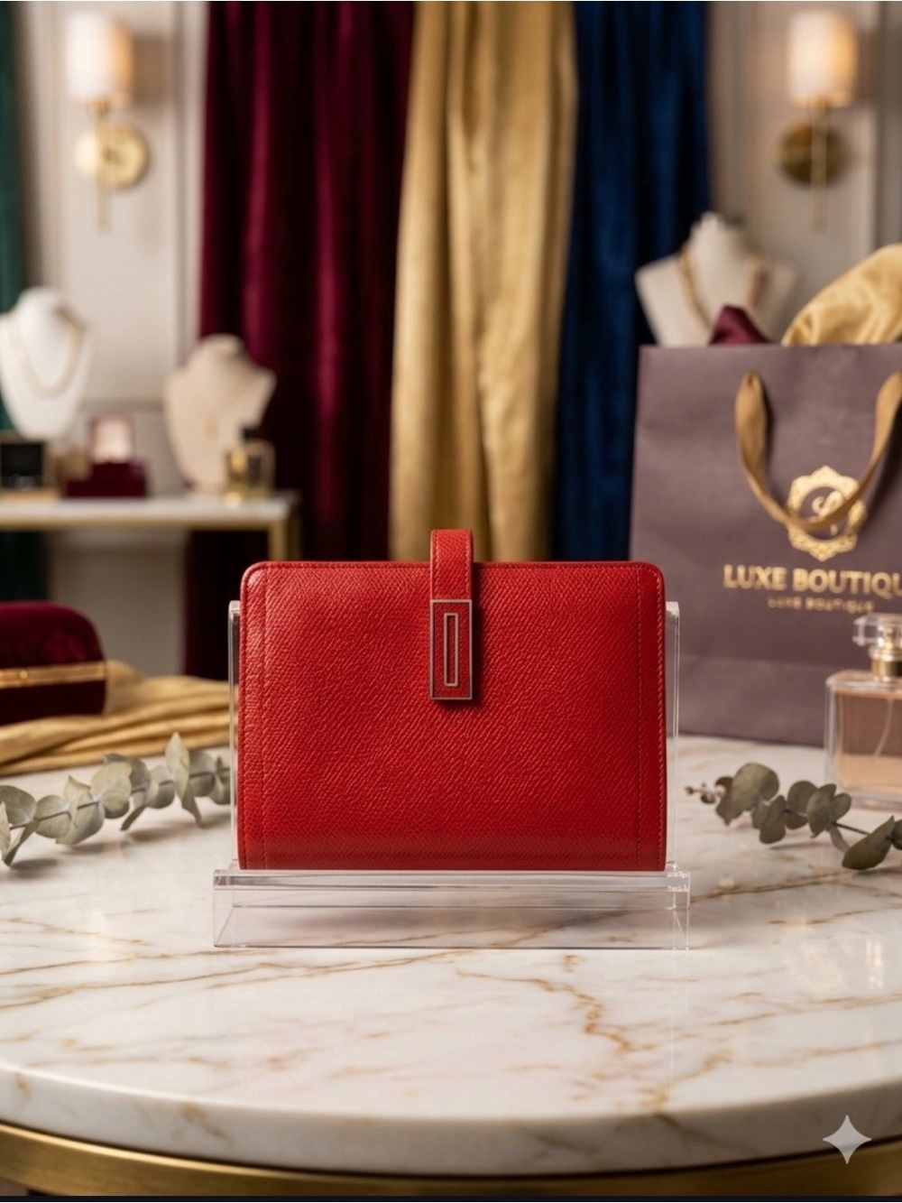 Coach Red Leather Compact Wallet with Metal Buckle Detail